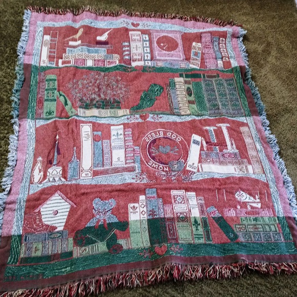 Bookcase Afghan CFCA Throw Blanket God Bless Our Home Teddy Bear Plane Book (su1 - Picture 7 of 7